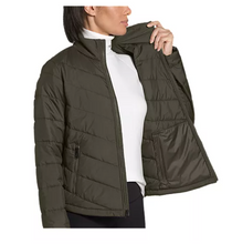 Load image into Gallery viewer, Woman wearing a green North Face quilted jacket. Interior view.