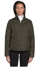 Load image into Gallery viewer, Woman wearing a green North Face quilted jacket.

