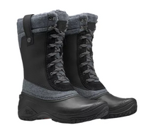 Load image into Gallery viewer, Women&#39;s black and grey North Face winter boots. Front view.
