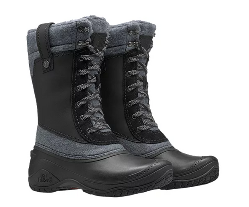 Women's black and grey North Face winter boots. Front view.