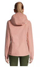 Load image into Gallery viewer, Women wearing a pink shell North Face jacket. Back view.
